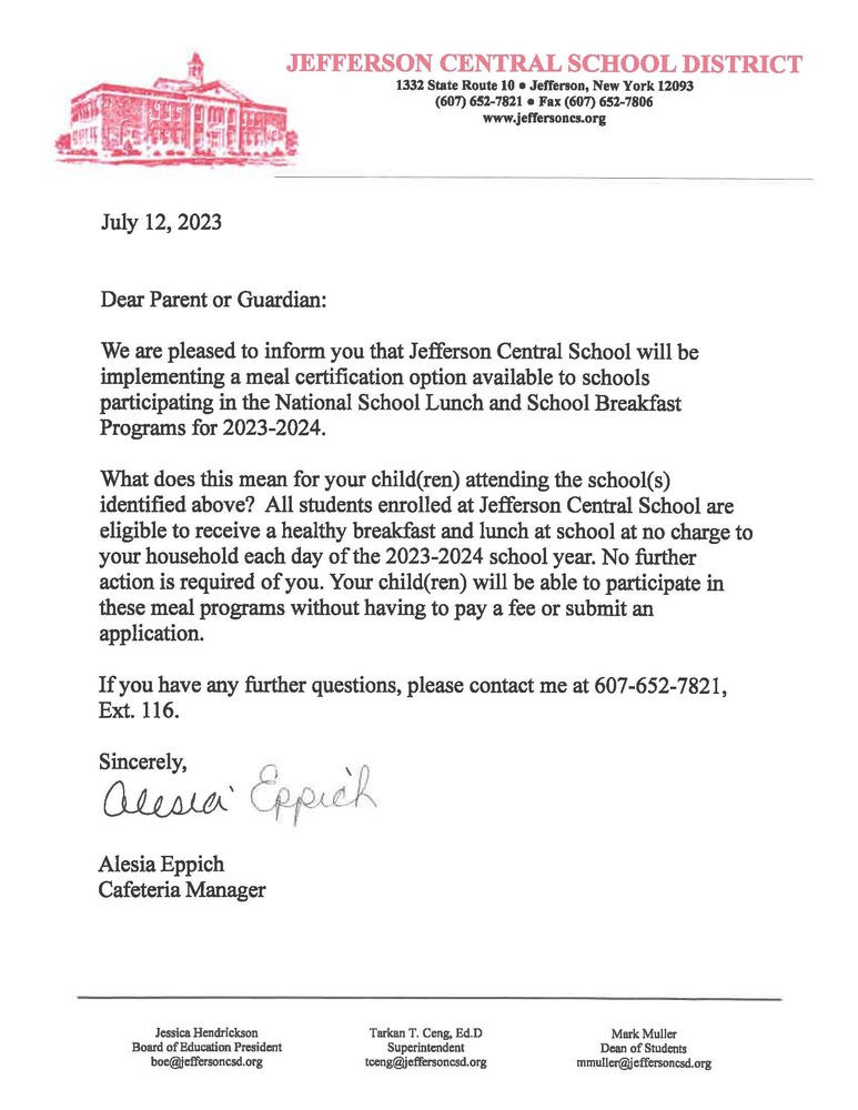 Cafeteria Parent Letter 2023
